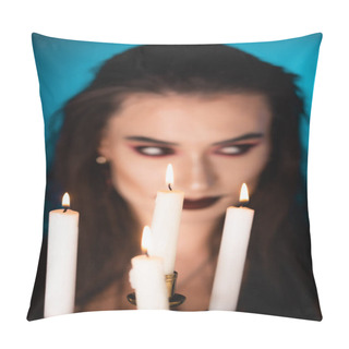 Personality  Selective Focus Of Burning Candles Near Woman With Black Makeup On Blue Pillow Covers