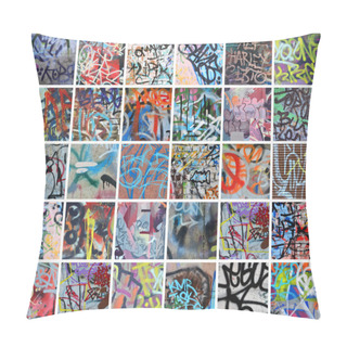 Personality  A Set Of Many Small Fragments Of Tagged Walls. Graffiti Vandalism Abstract Background Collage Pillow Covers