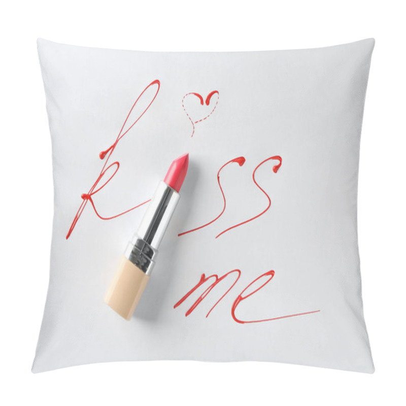 Personality  Composition with lipstick and text KISS ME on light background pillow covers