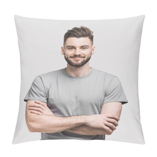Personality  Portrait Of Handsome Smiling Young Man With Folded Arms. Smiling Joyful Cheerful Men With Crossed Hands Studio Shot. Isolated On Gray Background Pillow Covers