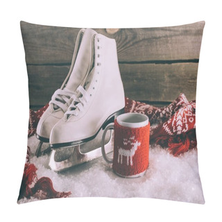 Personality  Pair Of White Skates With Cup And Scarf On Snow Pillow Covers