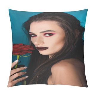 Personality  Young Brunette Woman With Dark Makeup Looking At Camera Near Red Rose On Blue Pillow Covers