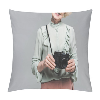 Personality  Cropped Shot Of Senior Woman With Vintage Film Camera Isolated On Grey Pillow Covers