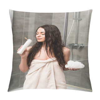 Personality  Cheerful Brunette Woman Smelling Shower Gel And Holding Loofah In Bathroom  Pillow Covers
