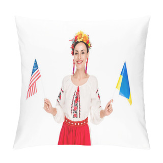 Personality  Smiling Brunette Young Woman In National Ukrainian Costume Holding American And Ukrainian Flags Isolated On White Pillow Covers