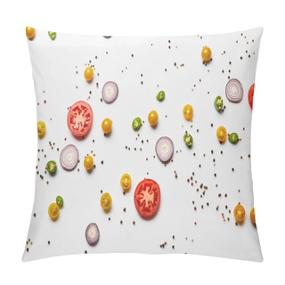 Personality  Top View Of Sliced Vegetables And Black Pepper On White Background Pillow Covers
