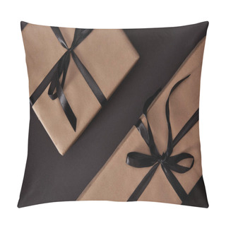 Personality  Top View Of Craft Wrapped Gift Boxes On Black Surface, Black Friday Concept Pillow Covers