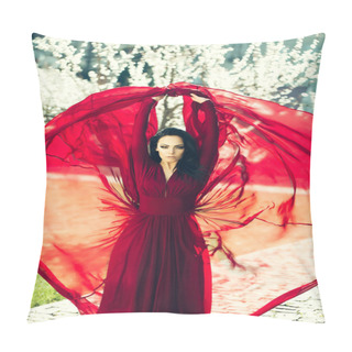 Personality  Girl In Red Dress Near Blossom Pillow Covers