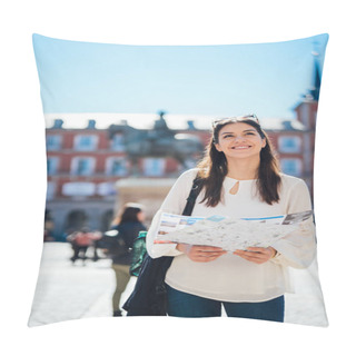Personality  Young Happy Woman Exploring Center  Of Madrid. Visiting Famous Landmarks And Places.Cheerful Female Traveler At Famous Plaza Mayor Square Admiring Statue Of Philip III.Spain Travel Experience. Pillow Covers