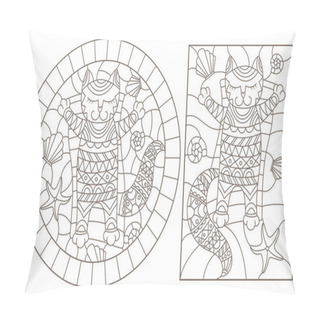 Personality  A Set Of Contour Illustrations Of Stained Glass Windows With Funny Cats On The Background Of Waves And Shells, Dark Contours On A White Background Pillow Covers