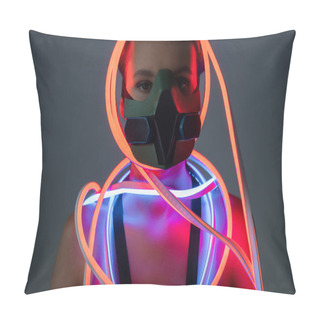 Personality  Futuristic African American Woman In Respirator And Neon Lighting Pillow Covers