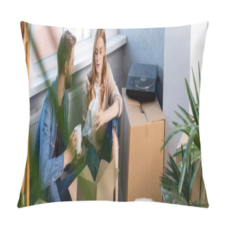 Personality  Selective Focus Of Joyful Woman Holding Cup While Unpacking Box With Boyfriend, Panoramic Shot  Pillow Covers