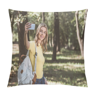 Personality  Portrait Of Smiling Woman With Backpack Taking Selfie On Smartphone In Park Pillow Covers