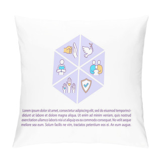 Personality  Peace And Unity Concept Icon With Text. Religious Values. Social Acceptance. Freedom Of Faith. PPT Page Vector Template. Brochure, Magazine, Booklet Design Element With Linear Illustrations Pillow Covers