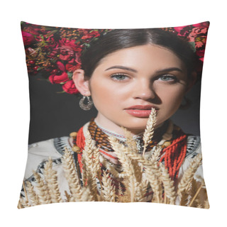 Personality  Portrait Of Brunette Ukrainan Woman In Wreath With Red Berries Near Wheat Spikelets Isolated On Black Pillow Covers