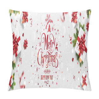Personality  Red Christmas And New Year Text On Xmas Background With Gift Boxes, Fir Branches, Red Ribbon, Decoration, Sparkles, Confetti, Bokeh. Merry Christmas Card. Vector Illustration, Realistic Vector Pillow Covers