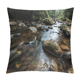 Personality  Selective Focus Of Flowing Stream Near Wet Rocks With Green Mold  Pillow Covers