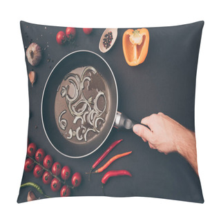 Personality  Cropped Image Of Man Holding Frying Pan Above Gray Table Pillow Covers