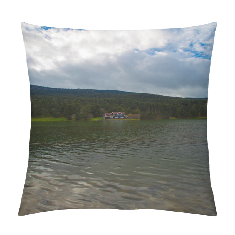 Personality  Golcuk National Park Bolu Turkey. Autumn Wooden Lake House Inside Forest In Bolu Golcuk National Park, Turkey Wallpaper Pillow Covers