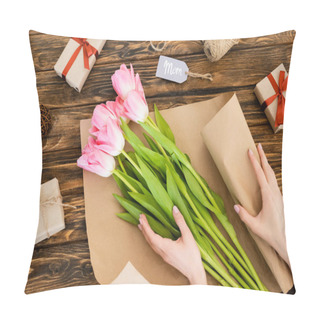 Personality  Cropped View Of Woman Wrapping Pink Tulips In Paper Near Gift Boxes On Wooden Surface, Mothers Day Concept  Pillow Covers