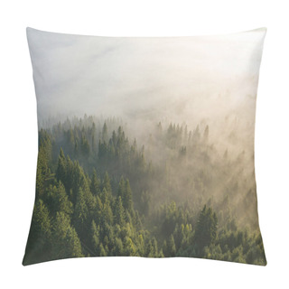 Personality  Fog Envelops The Mountain Forest. The Rays Of The Rising Sun Break Through The Fog. Aerial Drone View. Pillow Covers