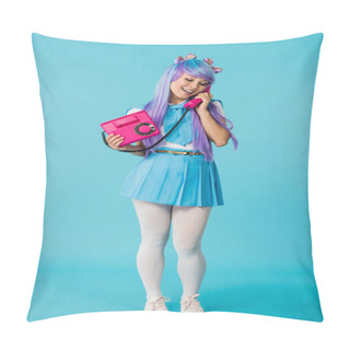 Personality  Full Length View Of Asian Anime Girl Talking On Telephone On Blue Pillow Covers