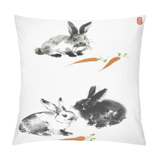 Personality  Ink Painting Of Three Rabbits With A Vibrant Orange Carrots. Traditional Oriental Ink Painting Sumi-e, U-sin, Go-hua. Hieroglyph - Blessing. Pillow Covers