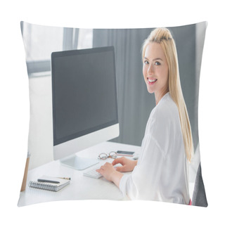 Personality  Beautiful Young Businesswoman Smiling At Camera While Working With Desktop Computer In Office Pillow Covers