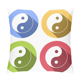 Personality  Yin Yan Symbol. Set Of White Icons With Long Shadow On Blue, Orange, Green And Red Colored Circles. Sticker Style Pillow Covers