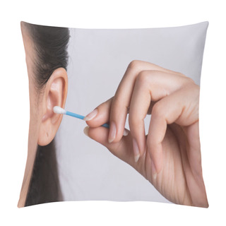 Personality  Close Up Young Asian Woman Cleaning Ear With Cotton Swab. Health Pillow Covers