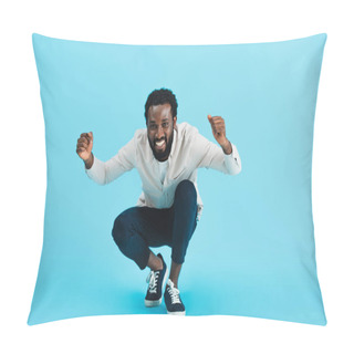 Personality  Excited Bearded African American Man Sitting Isolated On Blue Pillow Covers