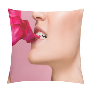 Personality  Cropped View Of Woman Biting Rose Flower Isolated On Pink Pillow Covers