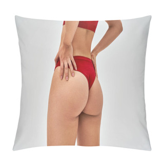 Personality  Cropped View Of Seductive Woman In Red Bra And Panties Touching Hips While Standing And Posing Isolated On Grey, Self-acceptance And Body Positive Concept  Pillow Covers