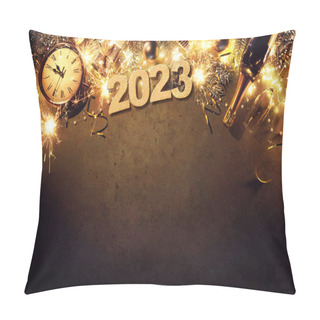Personality  New Years Eve 2023 Holiday Background With Fir Branches, Clock, Christmas Balls, Champagne Bottle, Gift Box And Lights On Dark Board Pillow Covers