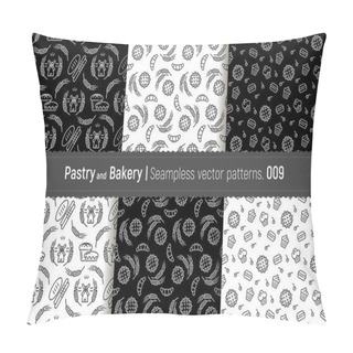 Personality  Vector Set Of Design Templates For Packaging Bakery And Confectionery Products In A Fashionable Linear Style. Seamless Patterns With Linear Icons: Waffles, Cupcakes, Cakes. Backgrounds With Spikelets. Pillow Covers