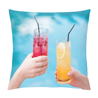 Personality  Cropped Shot Of Women Clinking Glasses Of Delicious Cocktails In Front Of Swimming Pool Pillow Covers