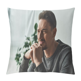 Personality  Upset Bearded Man In Casual Home Wear Feeling Unwell And Frowning While Looking Away At Home Pillow Covers
