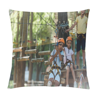 Personality  Happy African American Boy Riding On High Rope Trail Outside  Pillow Covers