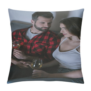 Personality  Handsome Man Looking At Smiling, Dreamy Girl While Sitting On Sofa And Holding Glasses Of White Wine  Pillow Covers