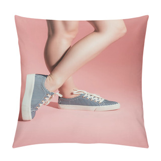 Personality  Cropped Image Of Woman Legs In Stylish Sneakers On Pink Background Pillow Covers