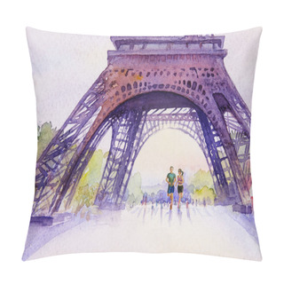Personality  Paintings Landmark Paris European City Landmark. France, Eiffel Tower And Lovers Man And Women Jogging In The Morning. Watercolor Painting Illustration, Wedding, Valentine Day, Greeting With Advertising. Pillow Covers