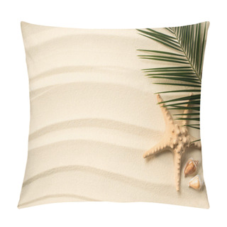 Personality  Top View Of Arranged Palm Leaf, Seashells And Sea Star On Sandy Surface Pillow Covers