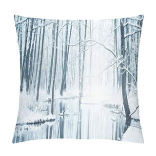 Personality  Frozen Crystal Clear River In A Snow-covered Deciduous Forest. Symmetry Reflections On The Water, Natural Mirror. Hoar Frost On Trees. Winter Wonderland. Idyllic Rural Scene. Atmospheric Landscape Pillow Covers