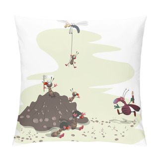 Personality  Striped Cartoon Cockroach Wants To Throw Dynamite At Small Ants Fleeing An Ant Hill Pillow Covers