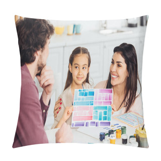 Personality  Selective Focus Of Cute Kid Holding Paper With Colorful Stripes Near Mother And Father  Pillow Covers