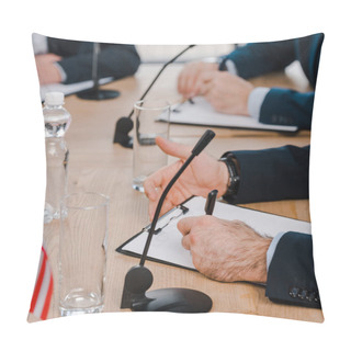 Personality  Cropped View Of Diplomats Writing Near Microphones And Glasses On Table  Pillow Covers
