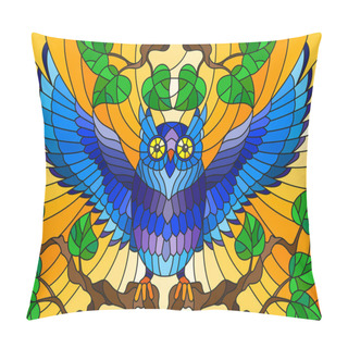 Personality  Illustration In Stained Glass Style With Fabulous Blue Owl Sitting On A Tree Branch Against The Orange Sky Pillow Covers