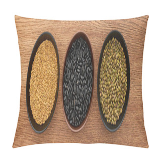 Personality  Panoramic Shot Of Bowls With Diverse Beans On Wooden Surface Pillow Covers