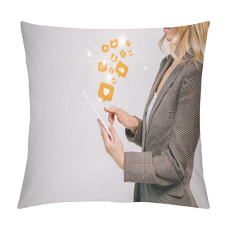 Personality  Cropped View On Businesswoman In Suit Touching Digital Tablet With Multimedia Icons Isolated On Grey Pillow Covers
