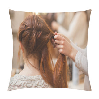 Personality  Beautiful, With Long, Red-haired Hairy Girl, Hairdresser Weaves A French Braid, In A Beauty Salon Pillow Covers